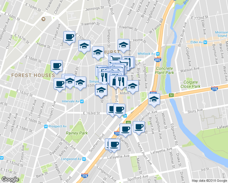 map of restaurants, bars, coffee shops, grocery stores, and more near in The Bronx