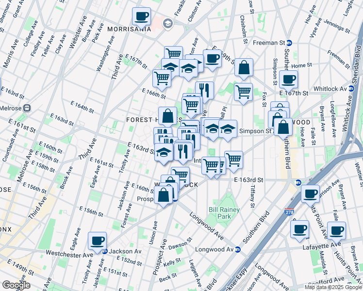 map of restaurants, bars, coffee shops, grocery stores, and more near in The Bronx