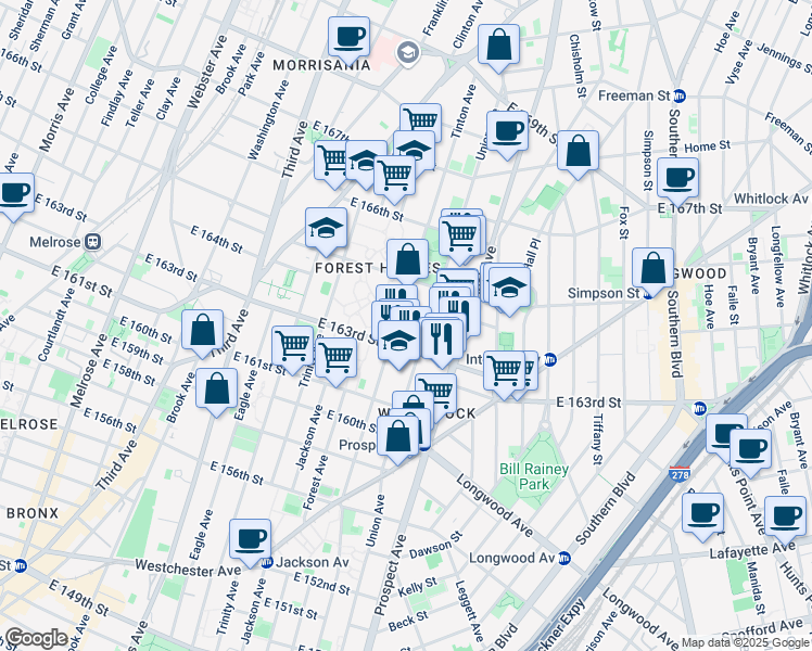 map of restaurants, bars, coffee shops, grocery stores, and more near 1000 Tinton Avenue in Bronx