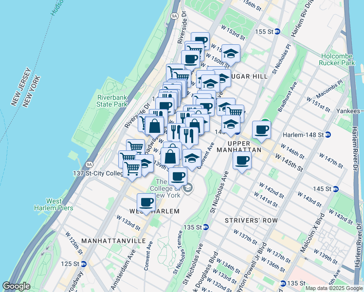 map of restaurants, bars, coffee shops, grocery stores, and more near 511 West 142nd Street in New York
