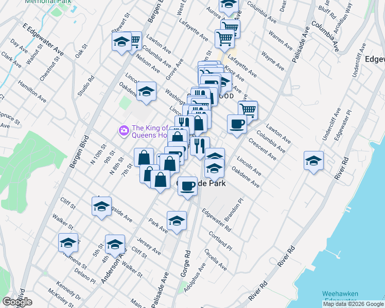 map of restaurants, bars, coffee shops, grocery stores, and more near 575 Anderson Avenue in Cliffside Park