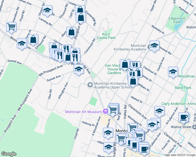 map of restaurants, bars, coffee shops, grocery stores, and more near 2 Prospect Avenue in Montclair