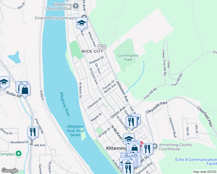 map of restaurants, bars, coffee shops, grocery stores, and more near 451 North Avenue in Kittanning