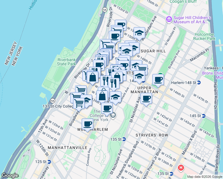 map of restaurants, bars, coffee shops, grocery stores, and more near 1652 Amsterdam Avenue in New York