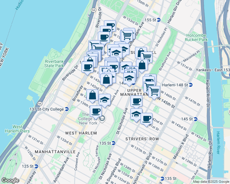map of restaurants, bars, coffee shops, grocery stores, and more near 310 Convent Avenue in New York