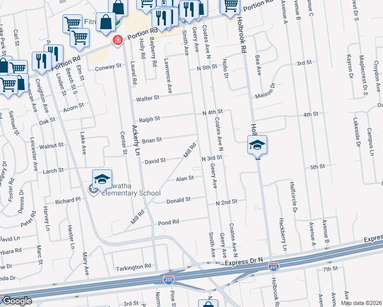 map of restaurants, bars, coffee shops, grocery stores, and more near 240 Mill Road in Holbrook