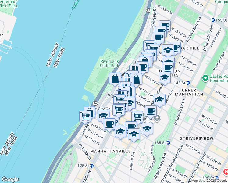 map of restaurants, bars, coffee shops, grocery stores, and more near 640 West 139th Street in New York