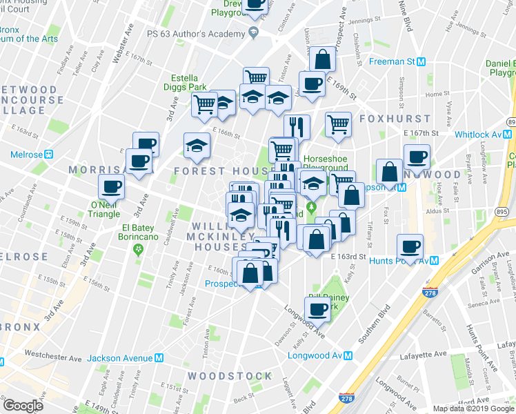 map of restaurants, bars, coffee shops, grocery stores, and more near 987 Union Avenue in The Bronx