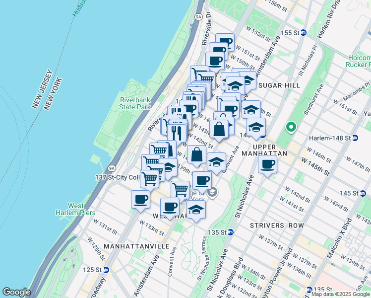 map of restaurants, bars, coffee shops, grocery stores, and more near 552 West 142nd Street in New York