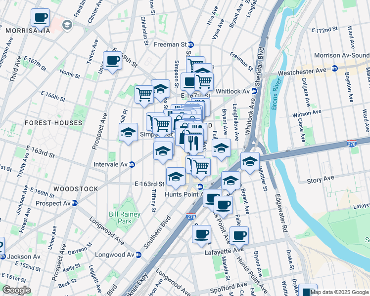 map of restaurants, bars, coffee shops, grocery stores, and more near in The Bronx