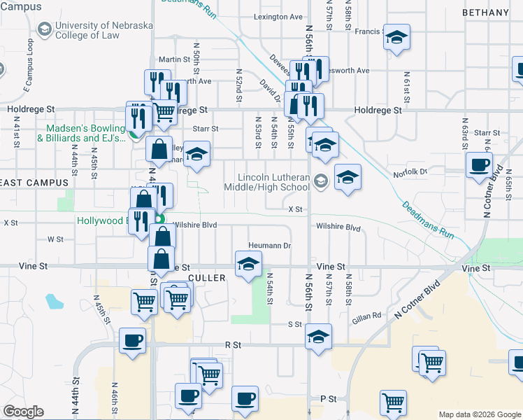 map of restaurants, bars, coffee shops, grocery stores, and more near 1024 North 53rd Street in Lincoln