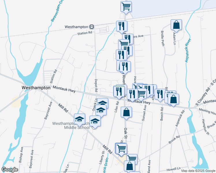 map of restaurants, bars, coffee shops, grocery stores, and more near 57 Brittany Lane in Westhampton Beach
