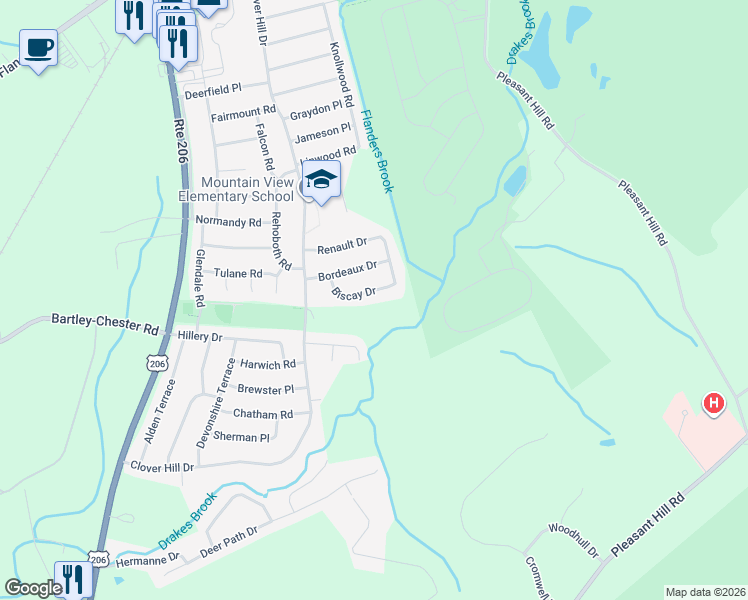map of restaurants, bars, coffee shops, grocery stores, and more near 52 Biscay Drive in Mount Olive