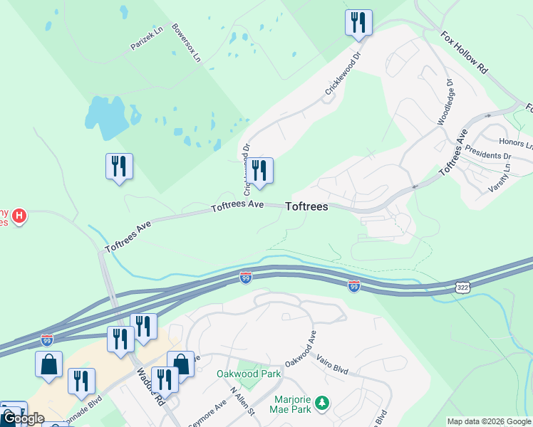 map of restaurants, bars, coffee shops, grocery stores, and more near 100 Cricklewood Drive in State College