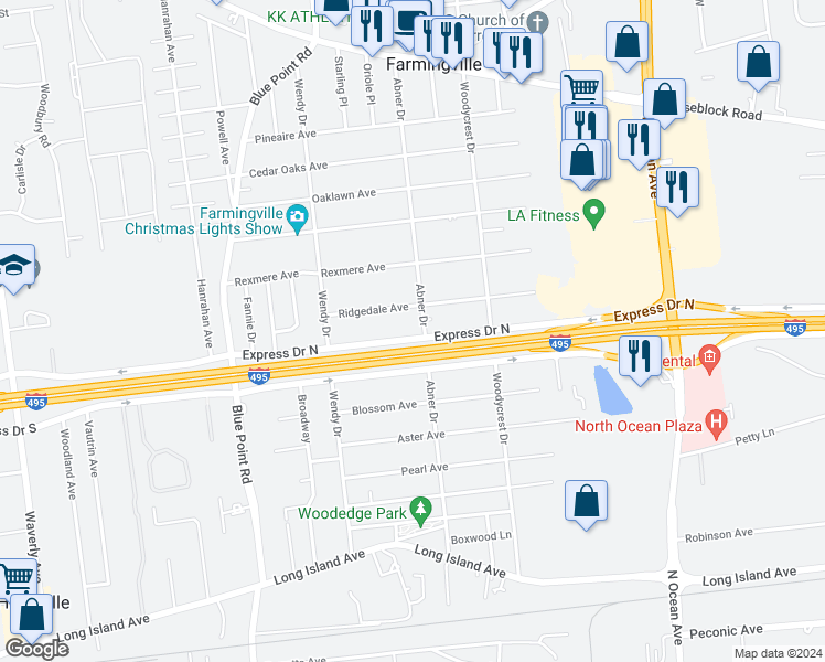map of restaurants, bars, coffee shops, grocery stores, and more near 5485 Expressway Drive North in Holtsville
