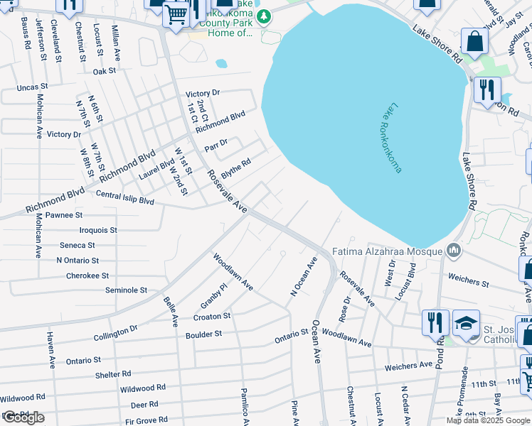 map of restaurants, bars, coffee shops, grocery stores, and more near 16 Lincoln Road in Ronkonkoma