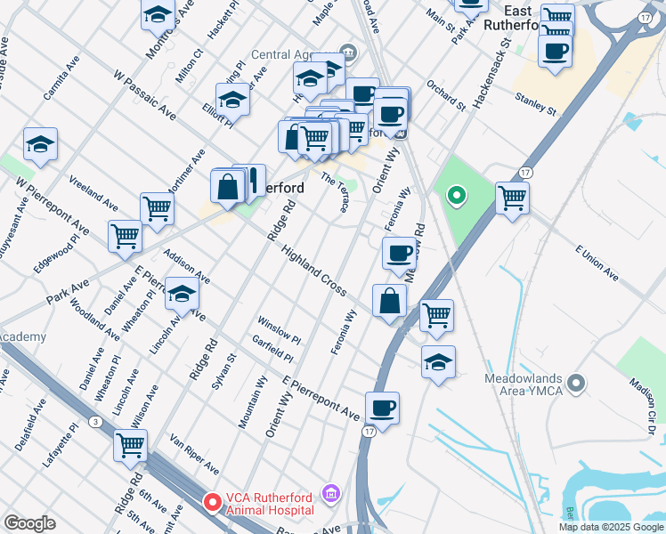 map of restaurants, bars, coffee shops, grocery stores, and more near 130 Orient Way in Rutherford