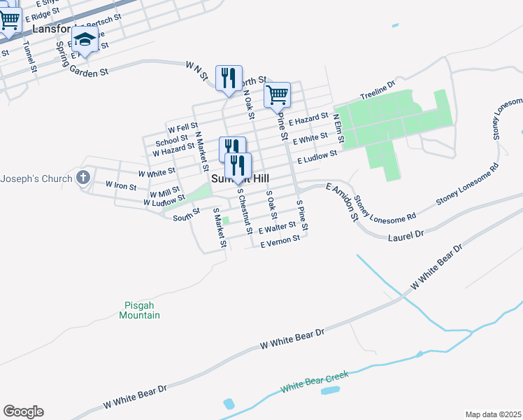 map of restaurants, bars, coffee shops, grocery stores, and more near 33 East Amidon Street in Summit Hill