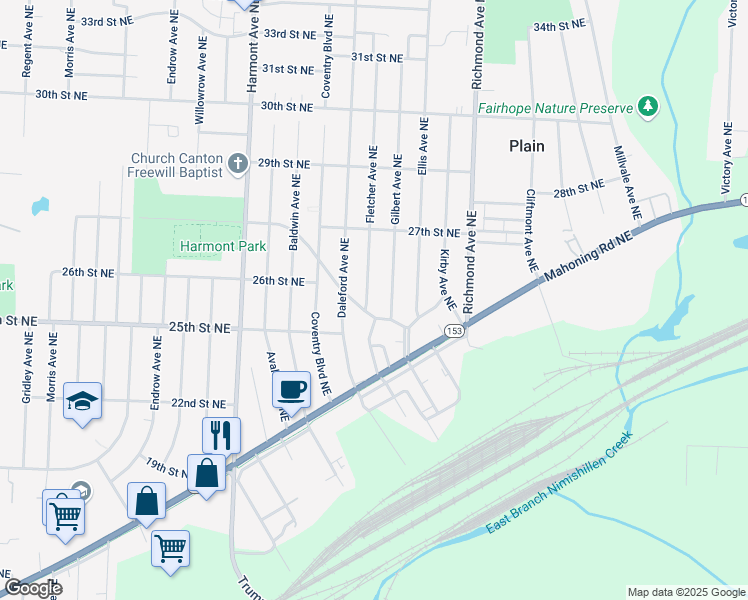 map of restaurants, bars, coffee shops, grocery stores, and more near 2554 Fletcher Avenue Northeast in Canton
