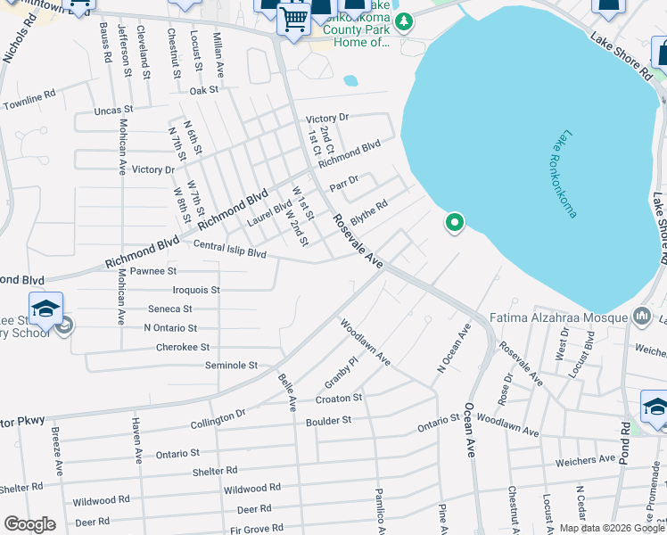 map of restaurants, bars, coffee shops, grocery stores, and more near 15 West 1st Street in Ronkonkoma