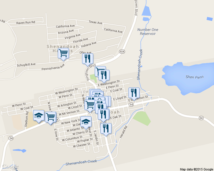 map of restaurants, bars, coffee shops, grocery stores, and more near 102 E Washington St in Shenandoah