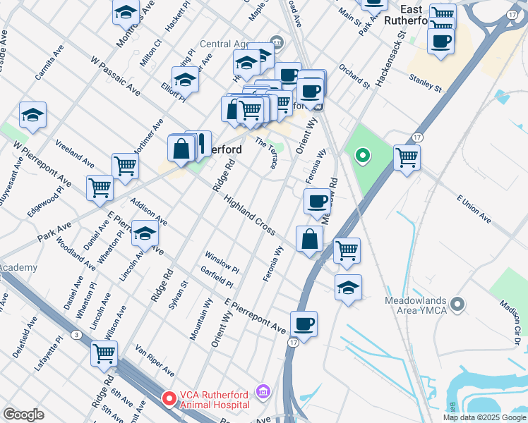 map of restaurants, bars, coffee shops, grocery stores, and more near 130 Orient Way in Rutherford