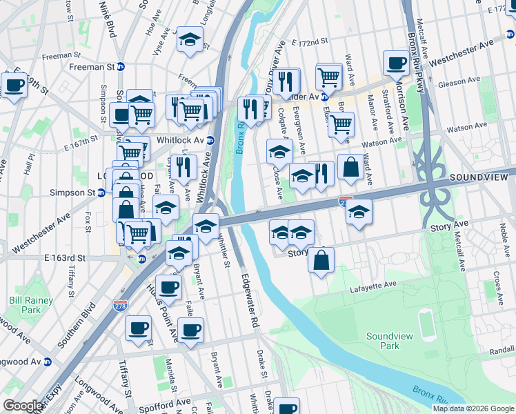 map of restaurants, bars, coffee shops, grocery stores, and more near 1055 Bronx River Avenue in The Bronx