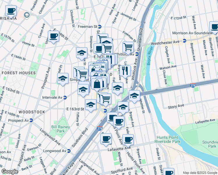 map of restaurants, bars, coffee shops, grocery stores, and more near 1029 Faile Street in Bronx