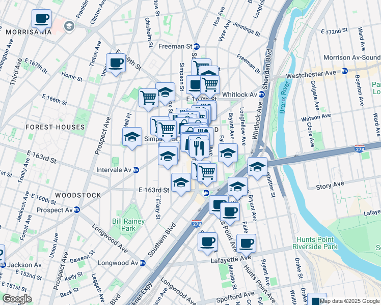 map of restaurants, bars, coffee shops, grocery stores, and more near in The Bronx