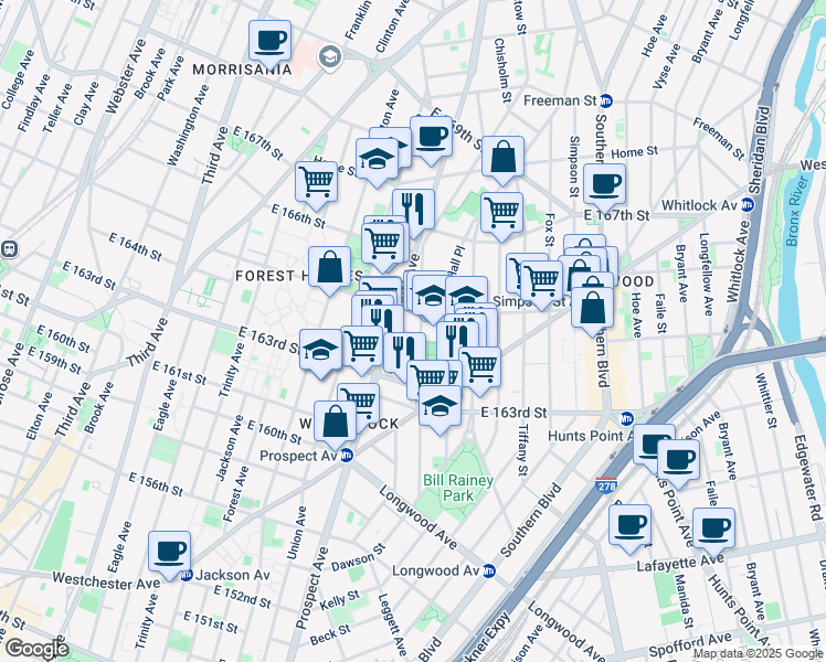 map of restaurants, bars, coffee shops, grocery stores, and more near in The Bronx