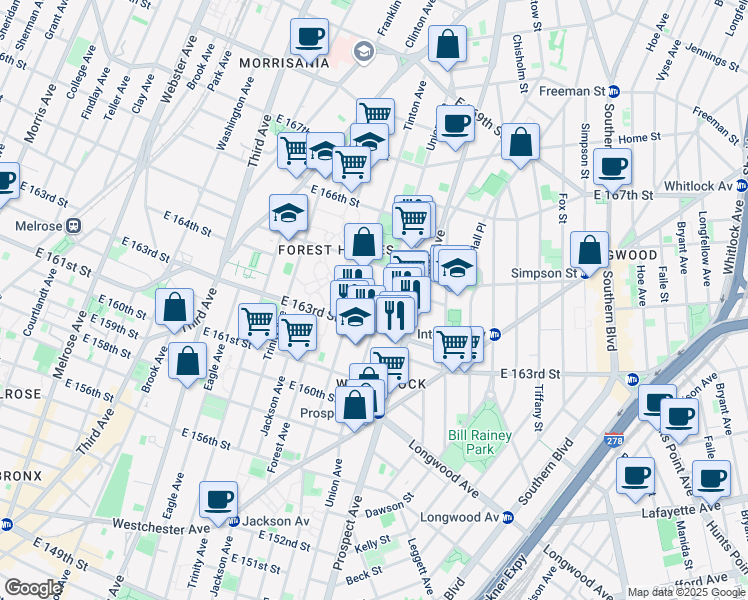 map of restaurants, bars, coffee shops, grocery stores, and more near 1000 Tinton Avenue in Bronx