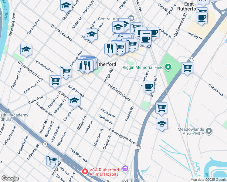 map of restaurants, bars, coffee shops, grocery stores, and more near 109 Sylvan Street in Rutherford