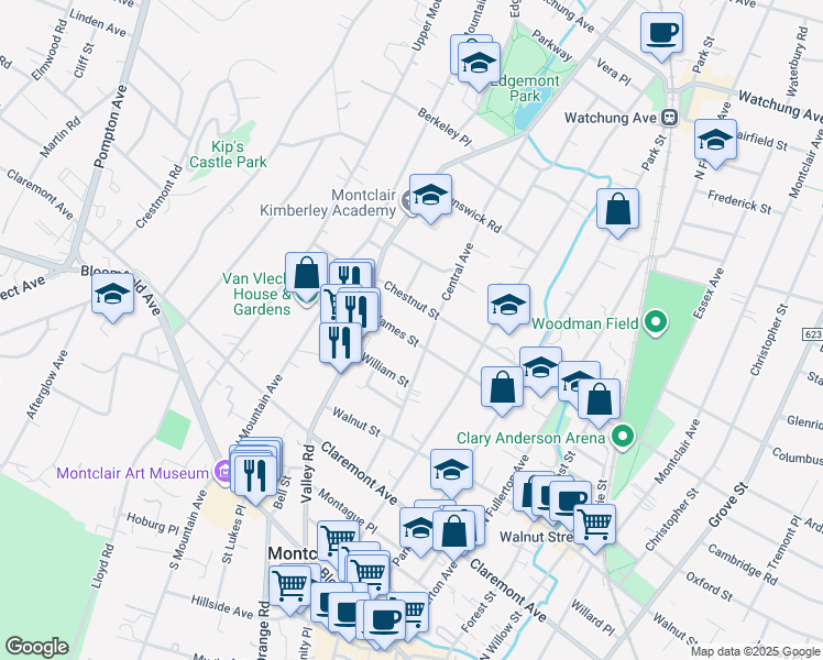 map of restaurants, bars, coffee shops, grocery stores, and more near 143 Chestnut Street in Montclair