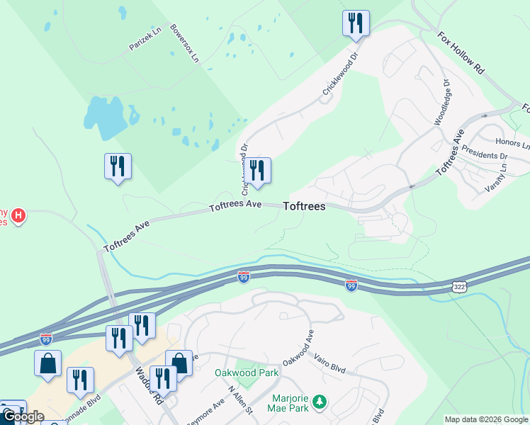 map of restaurants, bars, coffee shops, grocery stores, and more near 100 Cricklewood Drive in State College