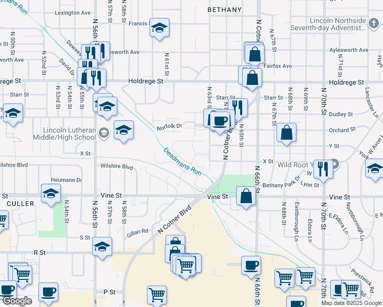 map of restaurants, bars, coffee shops, grocery stores, and more near 1025 North 63rd Street in Lincoln
