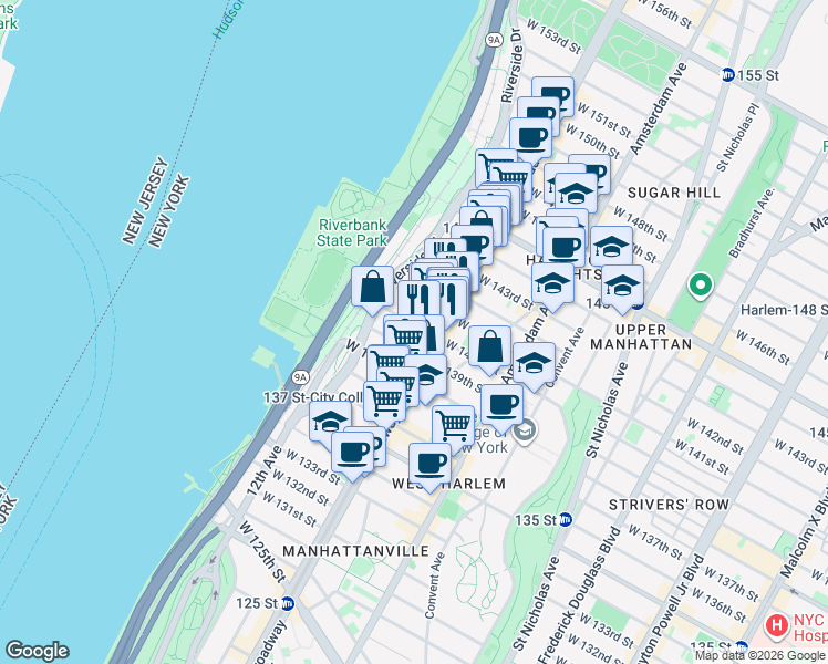 map of restaurants, bars, coffee shops, grocery stores, and more near 608 West 140th Street in New York