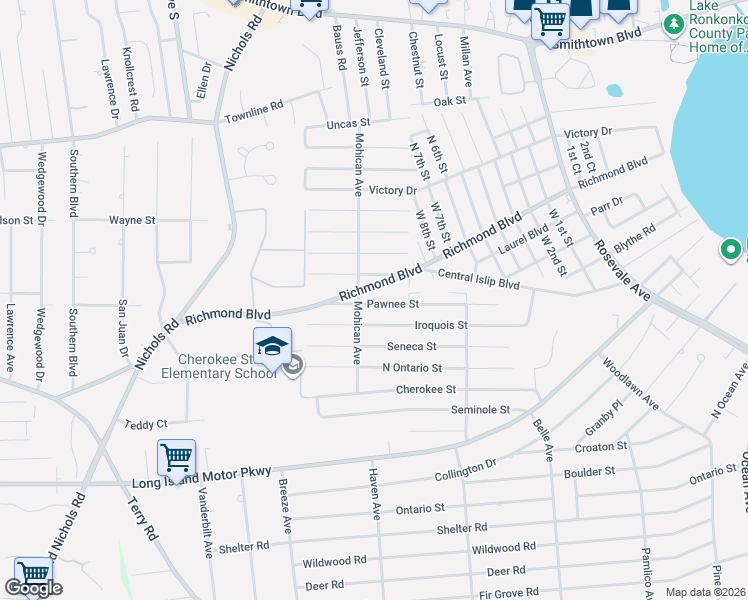 map of restaurants, bars, coffee shops, grocery stores, and more near 220 Richmond Boulevard in Ronkonkoma
