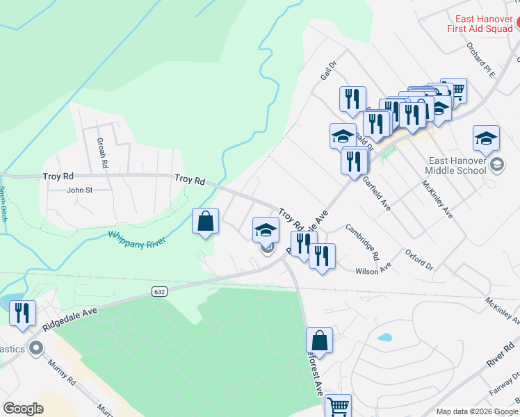 map of restaurants, bars, coffee shops, grocery stores, and more near 1A Lumac Drive in East Hanover