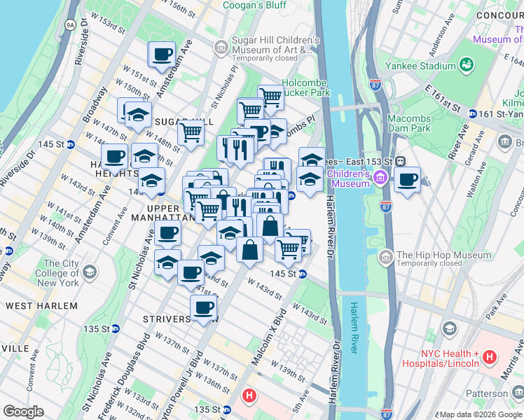 map of restaurants, bars, coffee shops, grocery stores, and more near 205 West 147th Street in New York
