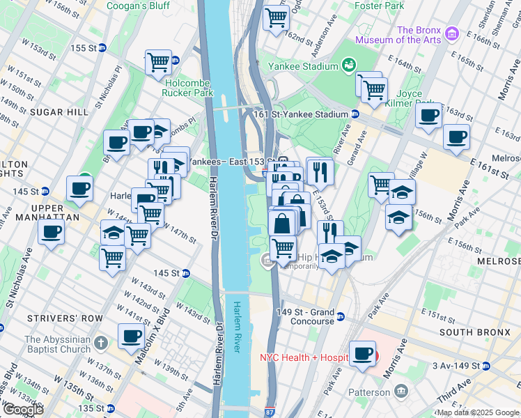 map of restaurants, bars, coffee shops, grocery stores, and more near 725 Exterior Street in Bronx