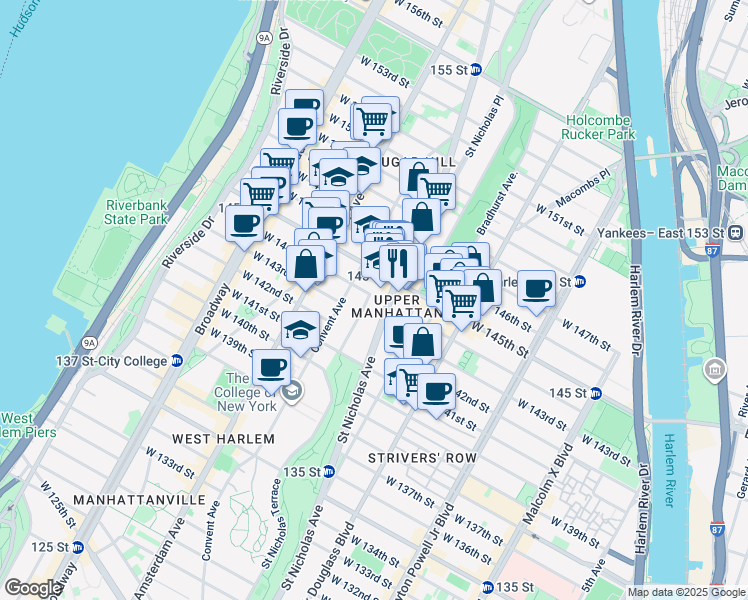 map of restaurants, bars, coffee shops, grocery stores, and more near 63 Hamilton Terrace in New York