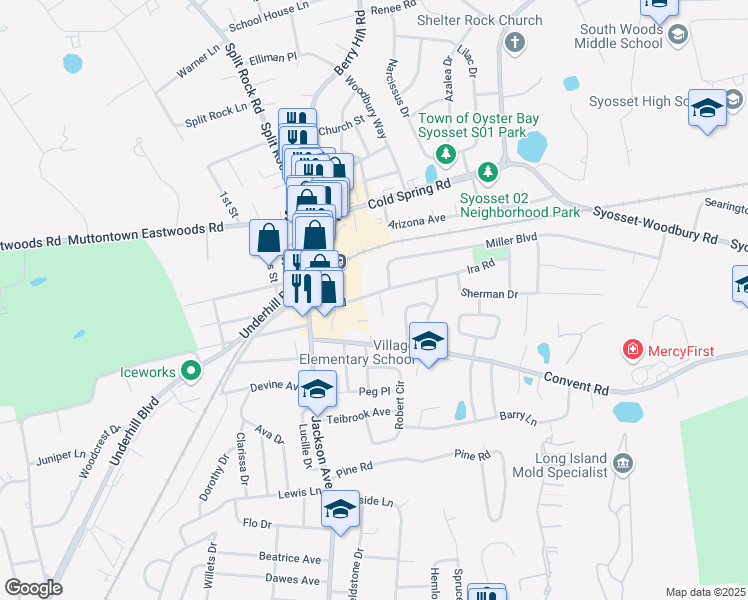 map of restaurants, bars, coffee shops, grocery stores, and more near 100 Ira Road in Syosset