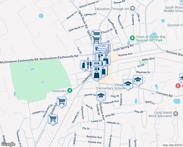 map of restaurants, bars, coffee shops, grocery stores, and more near 2 Underhill Boulevard in Syosset