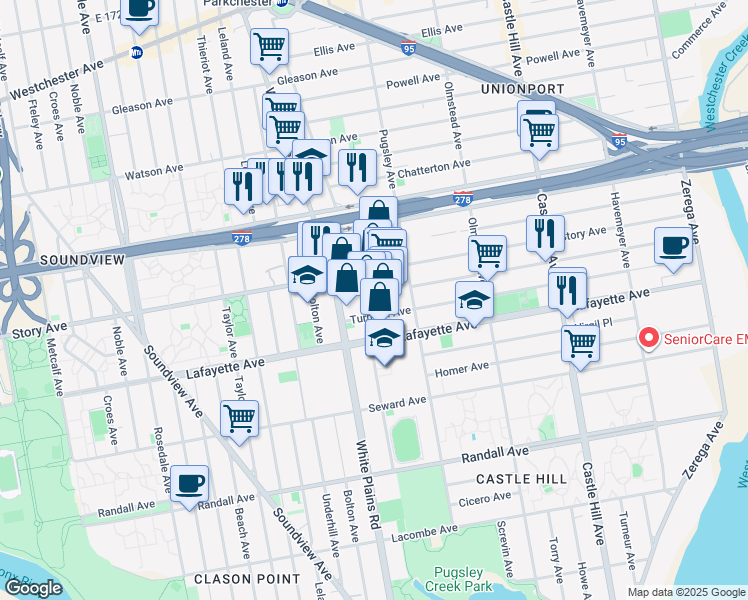 map of restaurants, bars, coffee shops, grocery stores, and more near 1994 Pugsley Avenue in Bronx