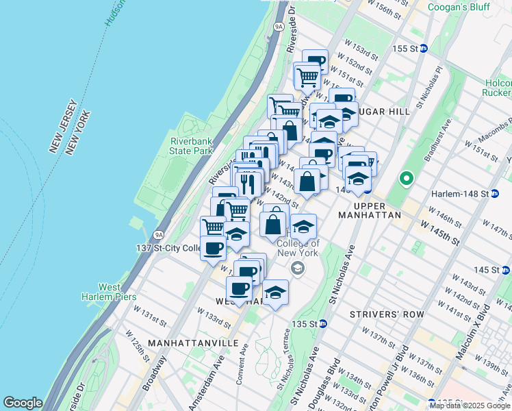 map of restaurants, bars, coffee shops, grocery stores, and more near 572 West 141st Street in New York