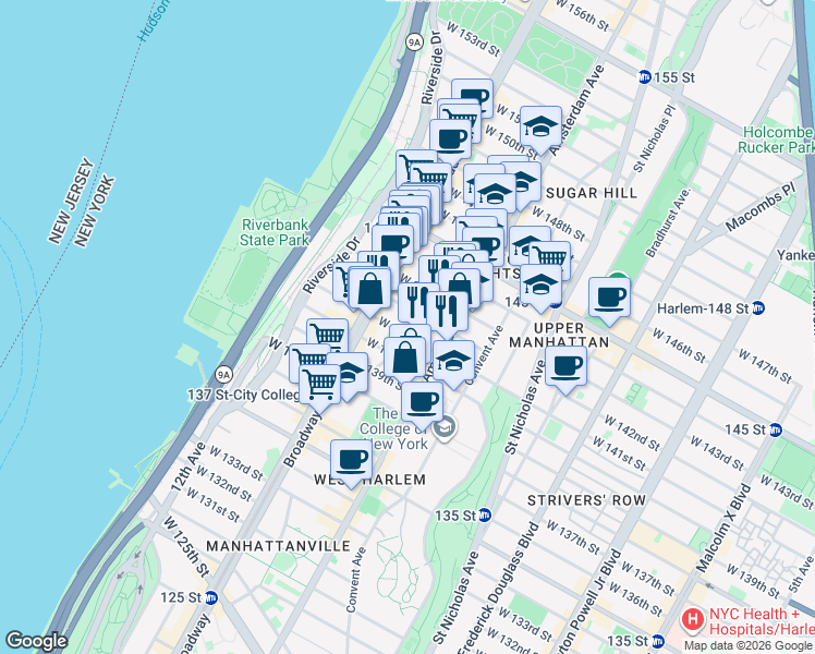 map of restaurants, bars, coffee shops, grocery stores, and more near 527 West 141st Street in New York