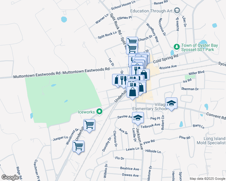 map of restaurants, bars, coffee shops, grocery stores, and more near 54 Roosevelt Avenue in Syosset