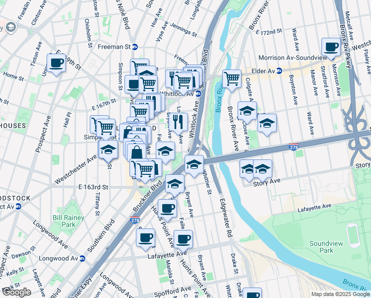 map of restaurants, bars, coffee shops, grocery stores, and more near 1125C Whitlock Avenue in Bronx