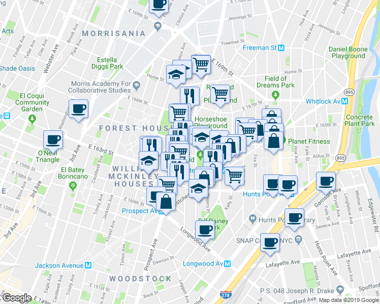 map of restaurants, bars, coffee shops, grocery stores, and more near in The Bronx