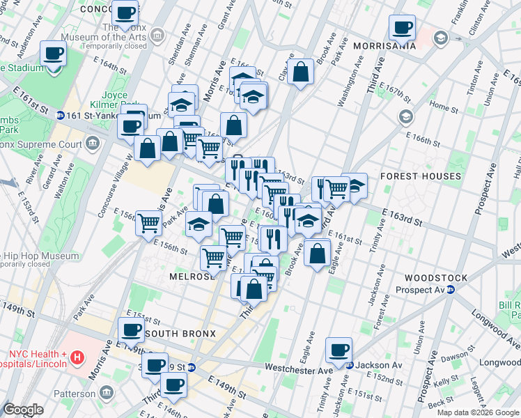 map of restaurants, bars, coffee shops, grocery stores, and more near 871 Melrose Avenue in The Bronx